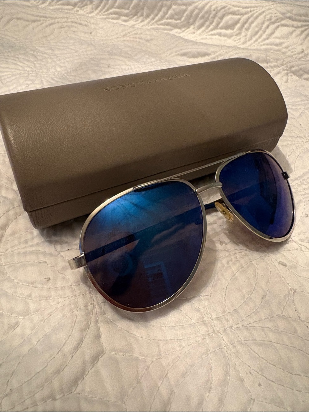 BCBG MaxAzria Aviator Sunglasses with Blue Mirrored Lenses and Hard Case
